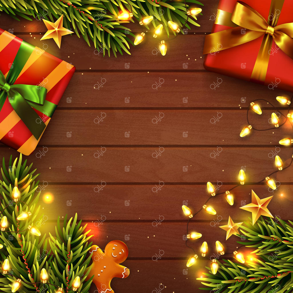 پس‌زمینه کریسمس: میز چوبی تزئین شده با هدایا، شاخه‌های درخت کریسمس، مرد شیرینی زنجبیلی و چراغ‌های گارلند. نمای بالا.