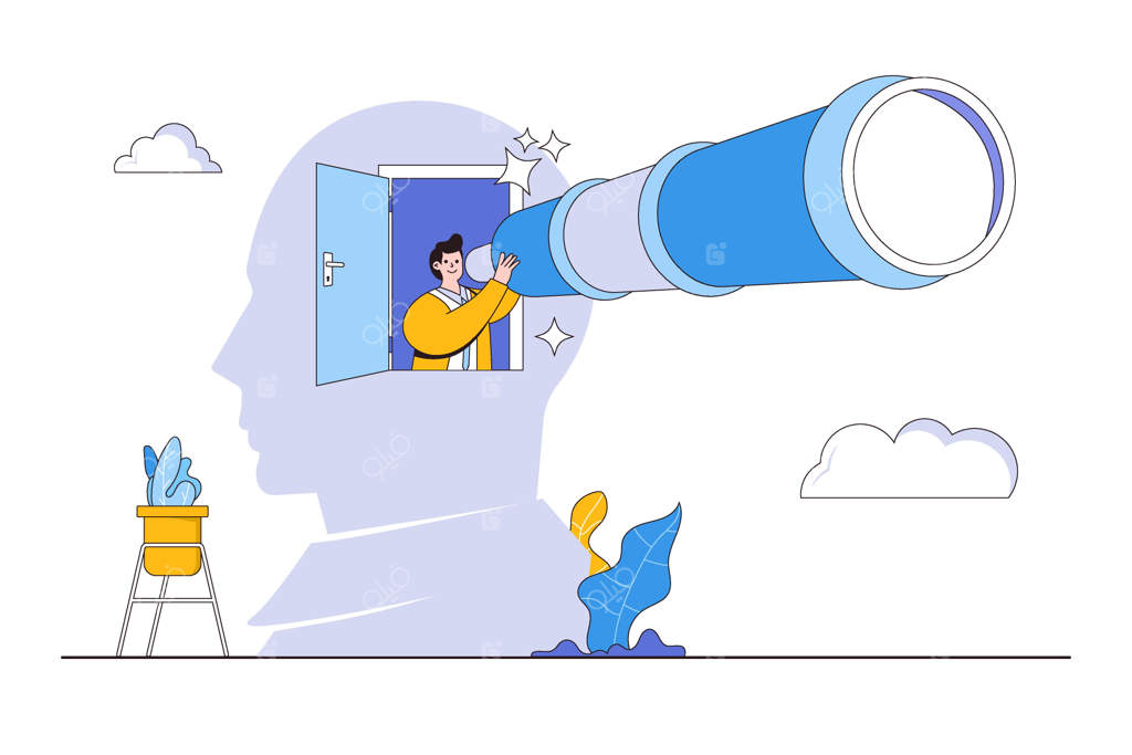 خلاقیت برای کشف فرصت‌های تجاری و یافتن راه‌حل‌ها یا ایده‌های جدید: کنجکاوی در جستجوی مفاهیم موفقیت. تاجر باهوش از تلسکوپ بزرگ برای دیدن چشم‌اندازی از ذهن خود استفاده می‌کند.