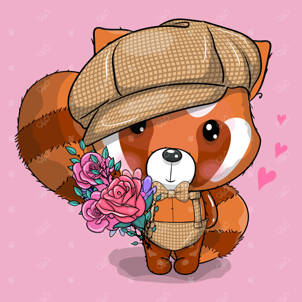 تصویر کارتونی بامزه پاندای قرمز با کلاه و گل‌ها به صورت برداری