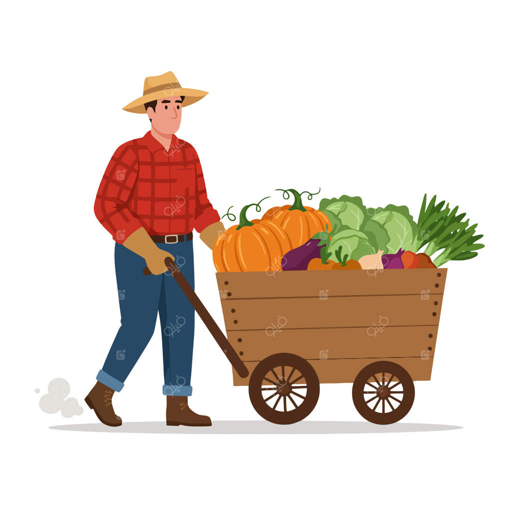 کشاورزی در حال حمل گاری پر از سبزیجات تازه برداشت شده از باغ