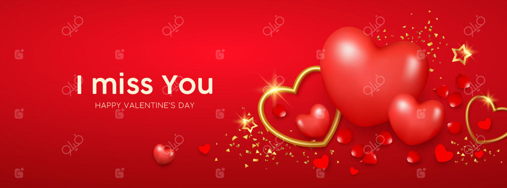 روز ولنتاین مبارک؛ قلب قرمز و قلب طلایی، گلبرگ‌های گل رز با طرح روبان طلایی روی پس‌زمینه قرمز