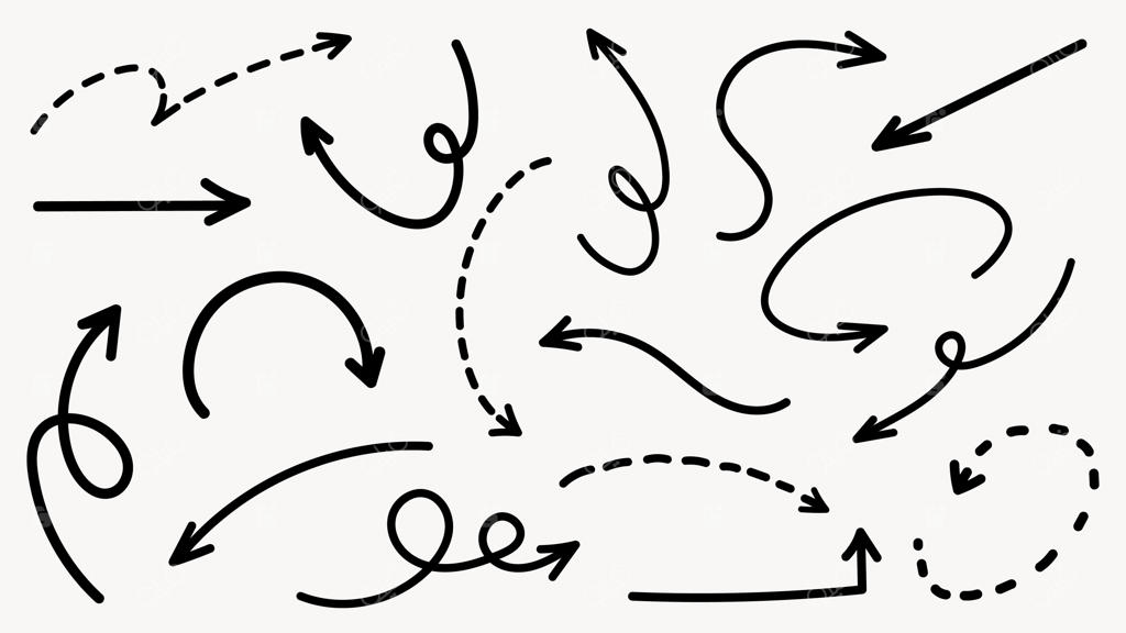 مجموعه فلش‌های سیاه خطی و طرح دستی ساده با سبک‌های متنوع