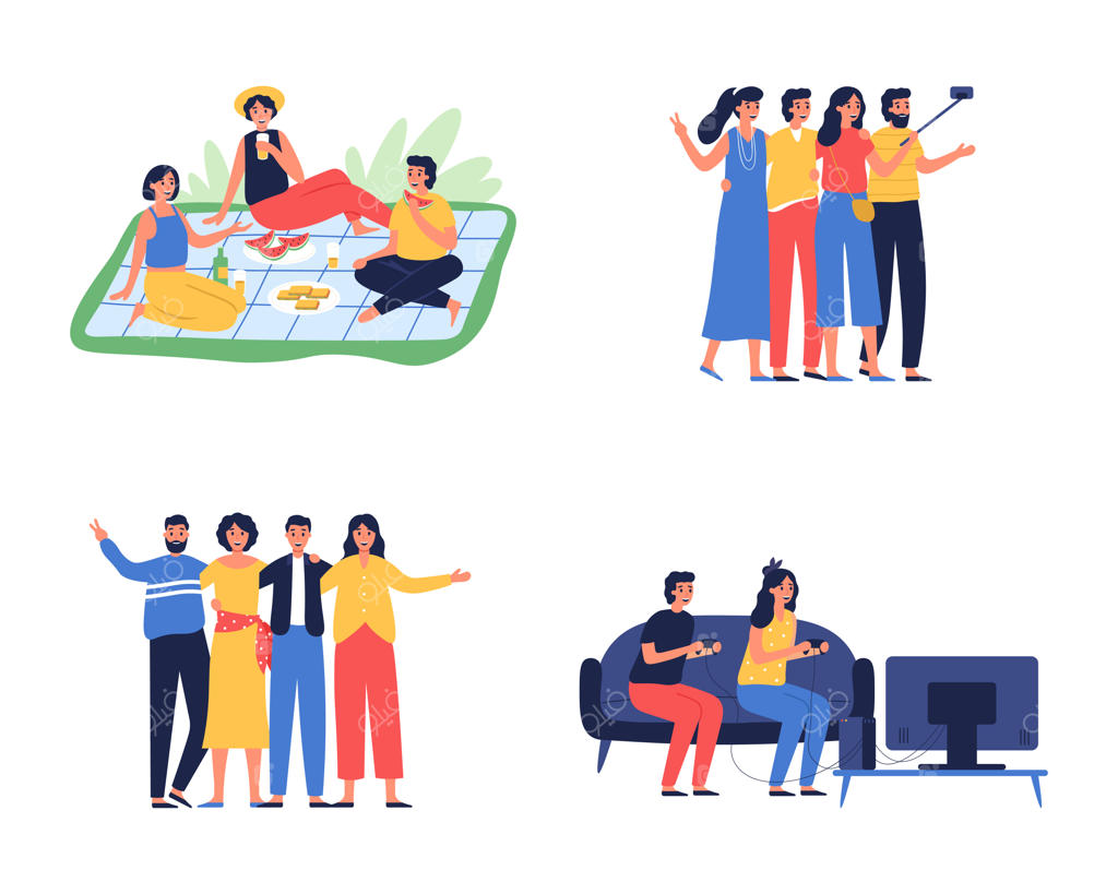 دوستان شاد در حال گذراندن وقت با هم، انجام فعالیت‌های بیرونی و داخلی، شخصیت‌های زن و مرد در پیک‌نیک