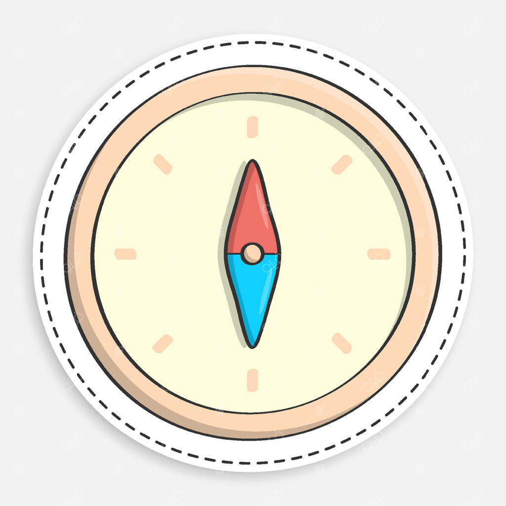 آیکون کارتونی قطب‌نما با پیکان و مقیاس. ابزار سفری برای تعیین موقعیت و جهت‌یابی گردشگر. مجزا بر روی زمینه سفید