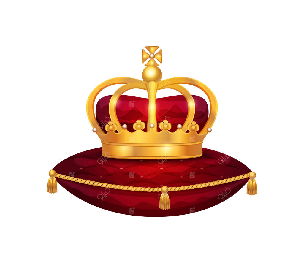 ترکیب تاج طلایی سلطنتی با تصویری از تاج بر روی بالش مخملی قرمز