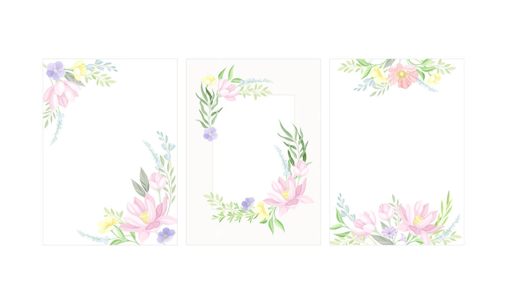 قاب شیک با گل‌های ظریف پاستلی تزئین شده: کارت تبریک و قالب دعوتنامه عروسی
