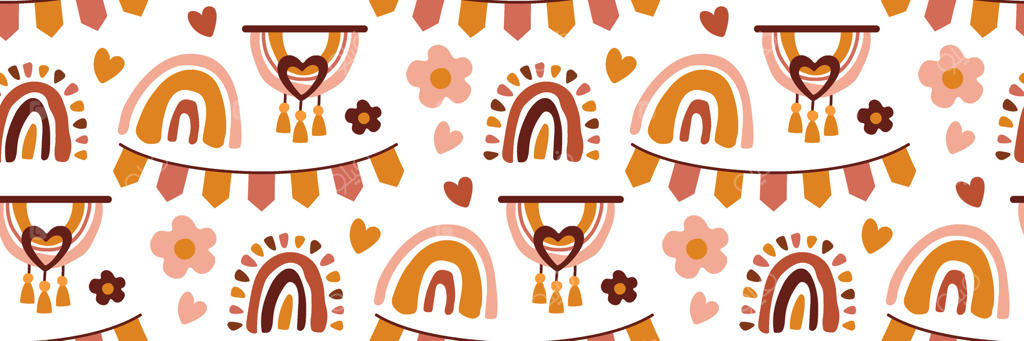 پترن بوهوی یکپارچه با رنگین‌کمان‌ها، قلب‌ها و پنل ماکرامه در رنگ‌های قهوه‌ای و زرد اکر در پس‌زمینه سفید. مناسب برای پارچه کودکان، کاغذ کادو، اسکرپ‌بوکینگ و بسته‌بندی. طراحی تخت.