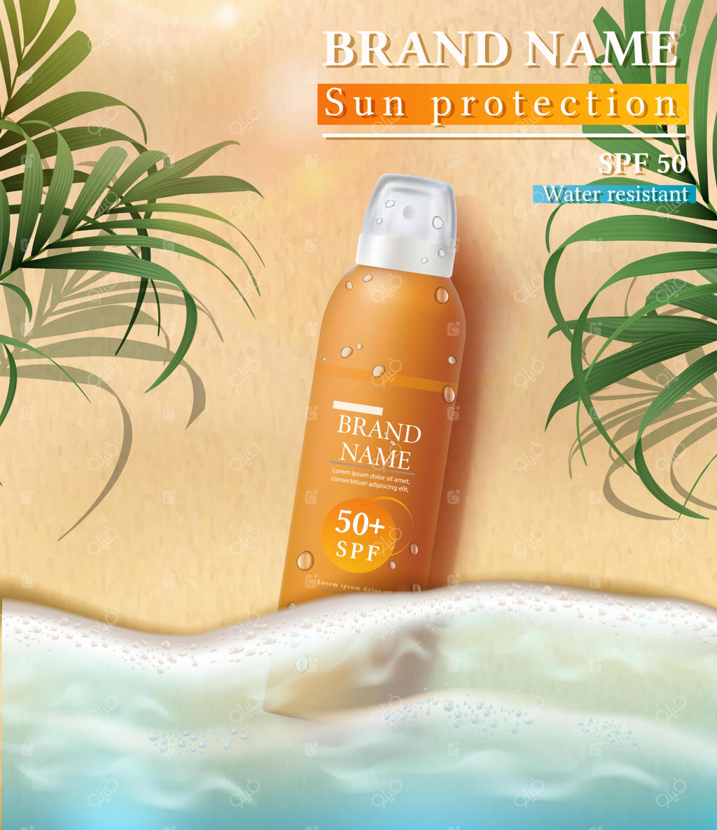 بنر محافظت از پوست در تابستان با کرم ضدآفتاب روی شن، همراه با پرتوهای خورشید، برگ‌های استوایی و موج‌های اقیانوس