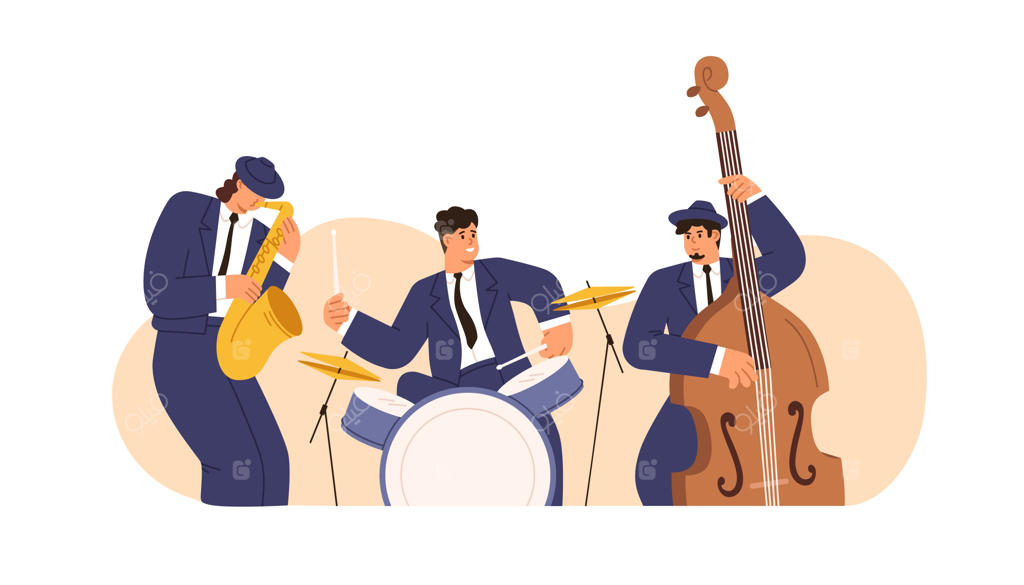 گروه جاز با ساکسیفون، درامز و کنترباس: نوازندگان مرد در کت و شلوار در حال اجرای بلوز. نوازنده درامز، ساکسیفونیست و نوازنده ویولنسل همراه با سازهایشان.