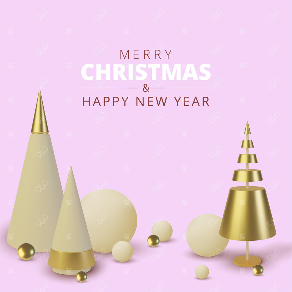 درخت کریسمس طلایی متالیک: پس‌زمینه‌ای انتزاعی و واقعی. کارت تبریک و دعوتنامه همراه با آرزوی سال نو و کریسمس مبارک