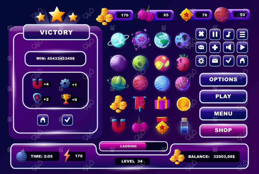 بازی فضایی: مجموعه آیکون‌ها و اجزای رابط کاربری برای وب و موبایل - نوار پیشرفت، شمارنده امتیاز و پنل‌ها به صورت وکتور