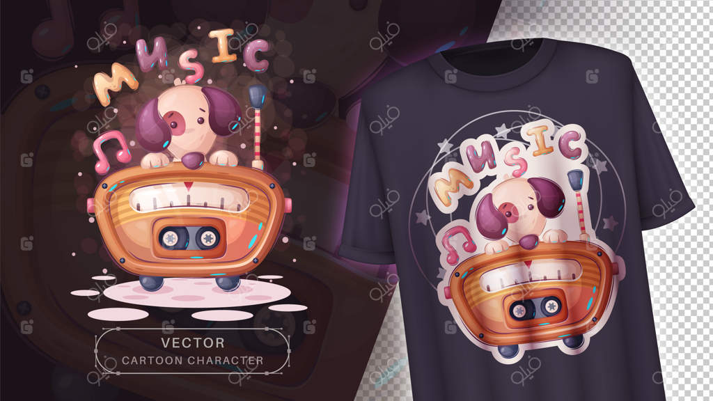 شخصیت کارتونی سگ بامزه در حال گوش دادن به موسیقی. وکتور EPS 10