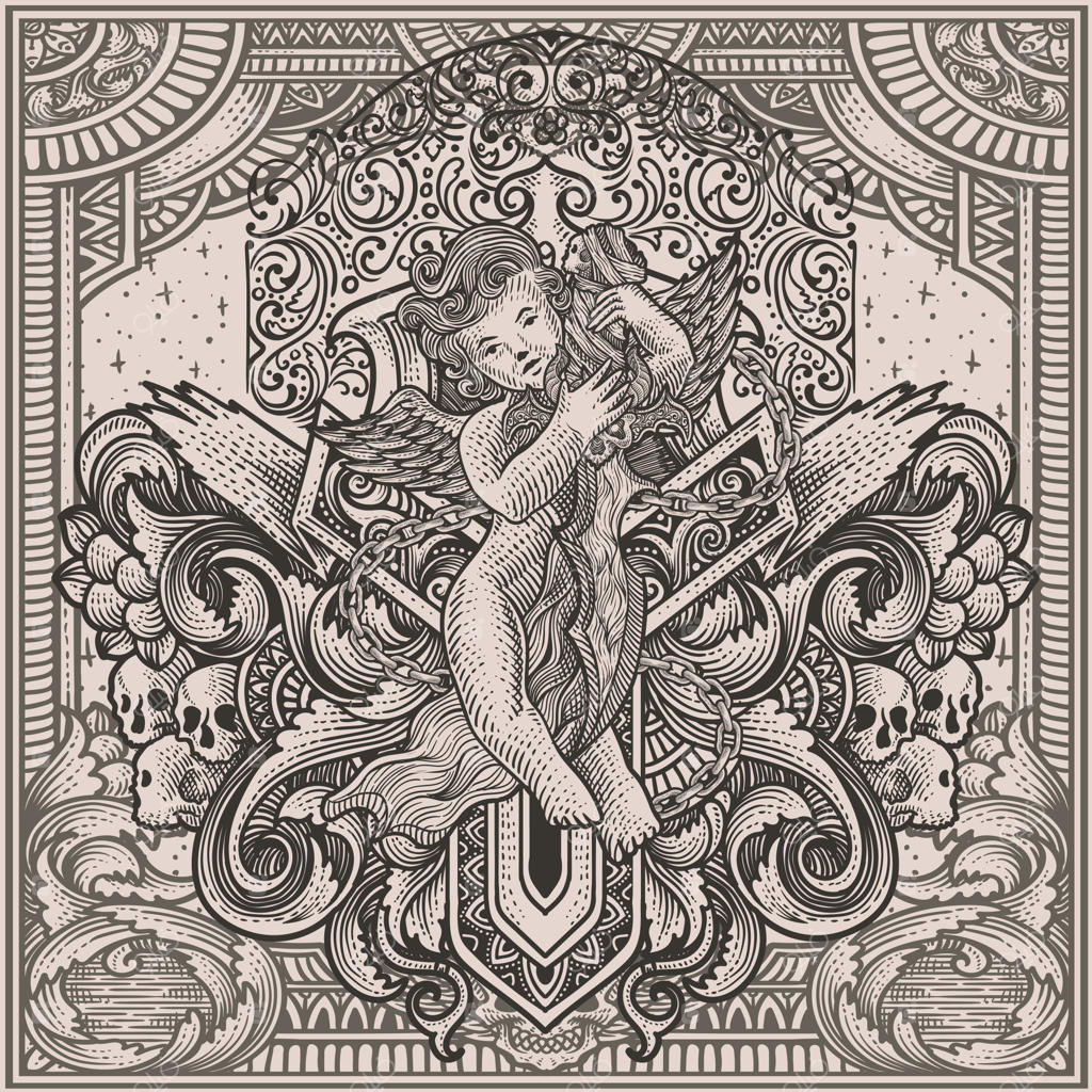 تصویر فرشته عشق با چاقو و تزئینات گراور قدیمی