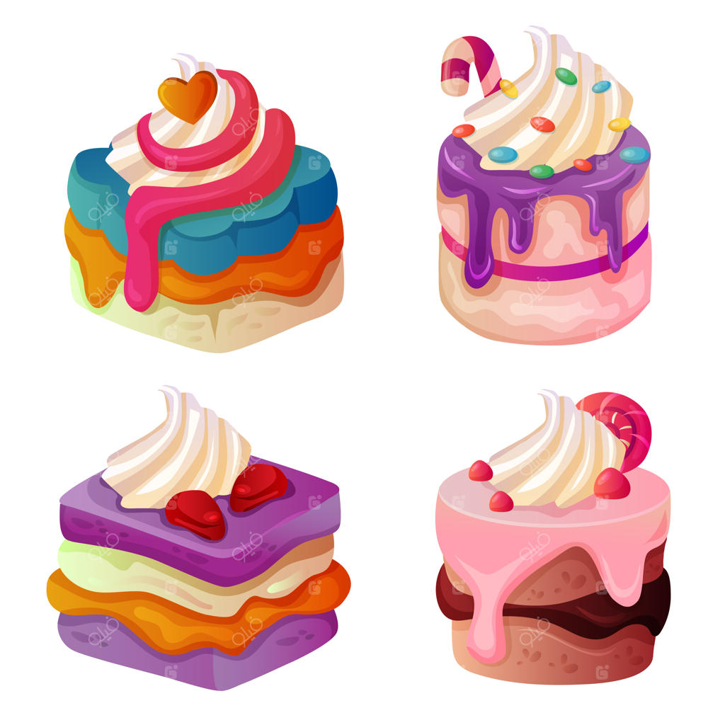 مجموعه‌ای از پای و کیک‌های شیک با خامه روی آن‌ها