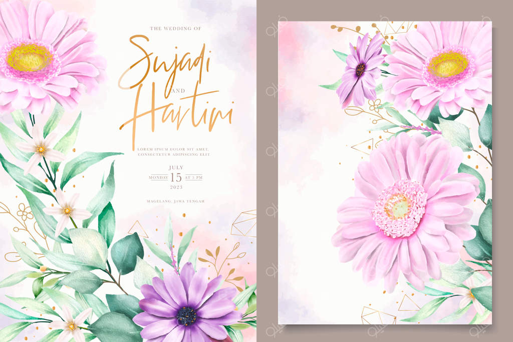 قالب کارت دعوت با طراحی گل‌های زیبای آبرنگی و رنگ‌های ملایم