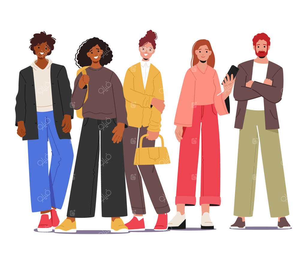 گروهی از زنان و مردان جوان و شاد چندملیتی با لباس‌های غیررسمی در پس‌زمینه سفید