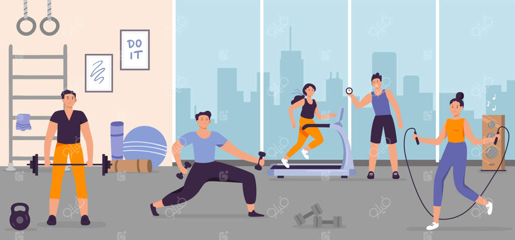 افراد در باشگاه - مردان و زنان در حال ورزش با دستگاه‌های مختلف و انجام فعالیت‌های ورزشی مختلف