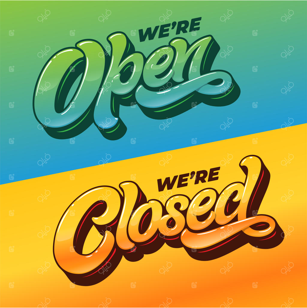 تایپوگرافی "باز هستیم" و "بسته هستیم" برای طراحی تابلو درب فروشگاه