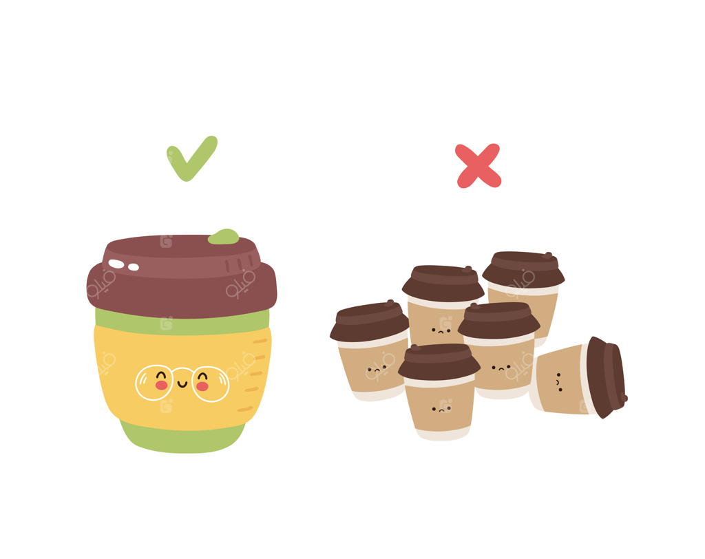 ماگ قهوه بامزه و خوشحال قابل استفاده مجدد و لیوان‌های یکبار مصرف.