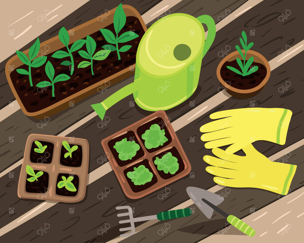 ترکیب بامزه‌ای از ابزار باغبانی و نهال‌ها - تصویرسازی کار در باغ