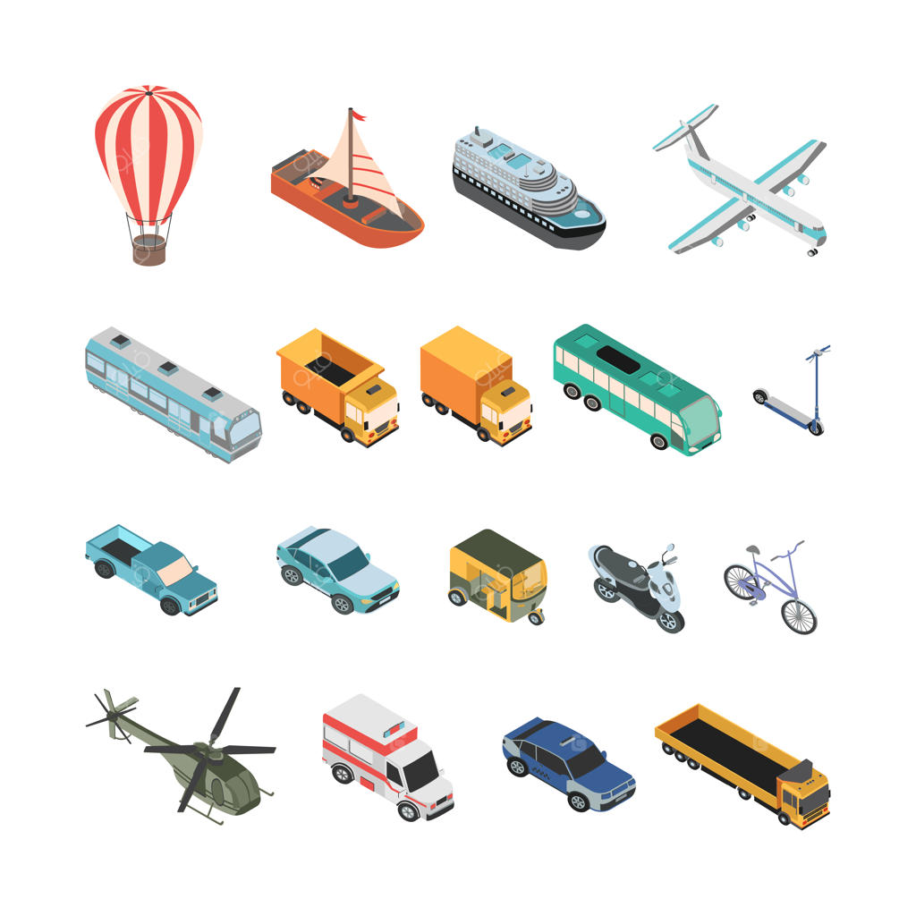 مجموعه وکتور تصویرسازی‌های ایزومتریک حمل و نقل