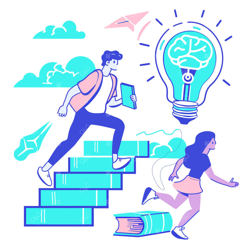 مرد و زنی از پله‌هایی با چراغ‌های روشن بالا می‌روند