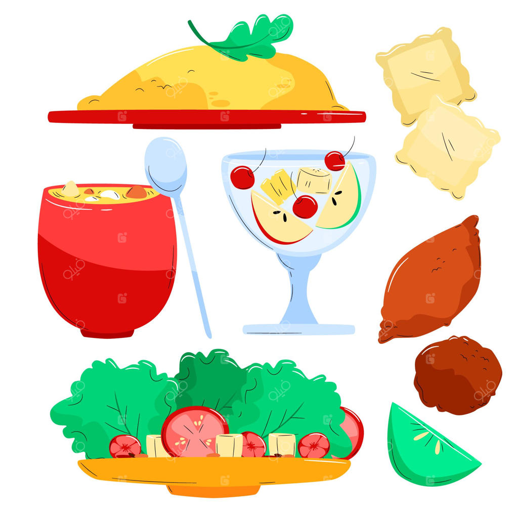 مجموعه‌ای از غذاهای گیاهی با طراحی دستی