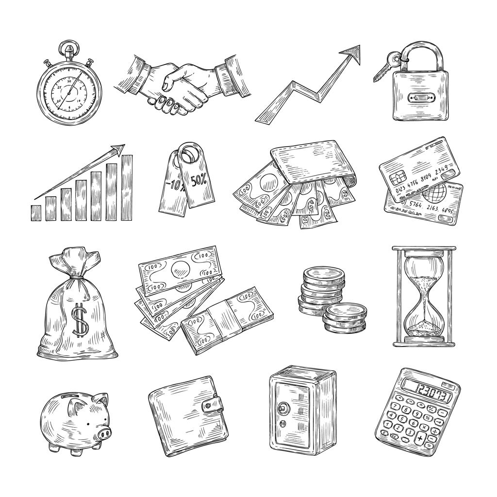 طرح‌های پولی: نقاشی دستی سکه‌ها، قلک، کارت‌های اعتباری، گاوصندوق، دلار و نمادهای بانکی و مالی به سبک وینتیج و دودل‌ها.