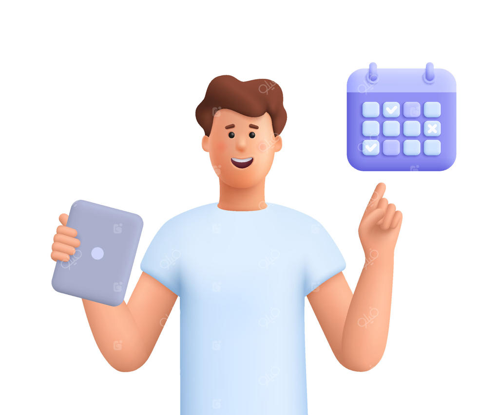 مردی با تبلت، نشان‌دهنده برنامه‌ریزی روزانه و قرار ملاقات‌ها در اپلیکیشن تقویم. برنامه‌ریزی کسب‌وکار، رویدادها، یادآوری و جدول زمانی. شخصیت سه‌بعدی.