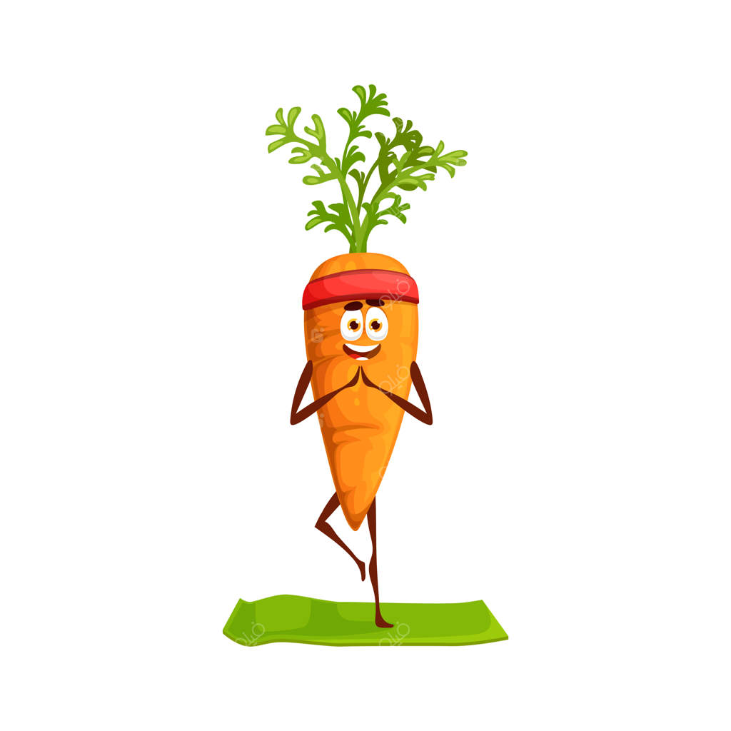 شخصیت کارتونی هویج خوشحال با باند ورزشی در حال ایستادن بر روی یک پا روی زیرانداز پیلاتس - حرکت آسانا، مدیتیشن و زندگی سالم برای کودکان دوست‌داشتنی سبزیجات