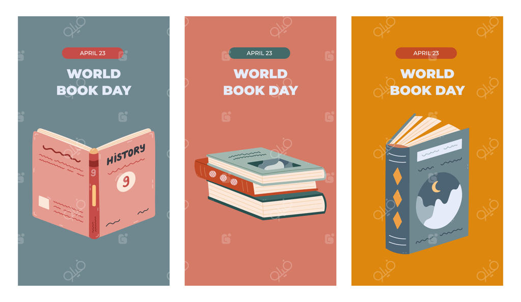 مجموعه عمودی و شیک داستان‌ها برای روز جهانی کتاب با تصاویر رنگارنگ از کتاب‌خوانی. بنر مفهومی تبریک با کتاب باز و دسته‌ای از کتاب‌ها با طرح‌های چشم‌نواز برای شبکه‌های اجتماعی و برندسازی