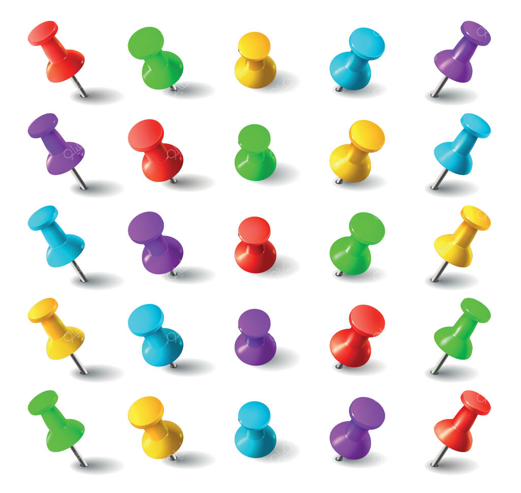 مجموعه وکتوری واقع‌گرایانه پونزهای سه‌بعدی رنگی: سوزن‌های فلزی در زوایای مختلف، مجموعه پونزهای دفتر و نشانگرهای نقشه