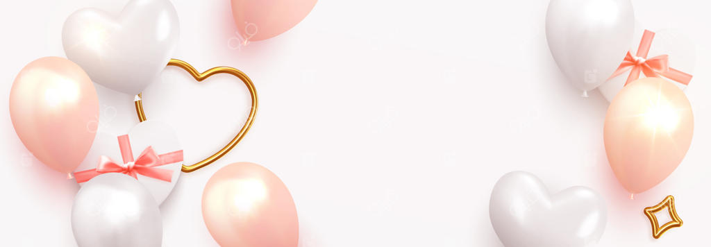 بنر روز ولنتاین: طراحی پس‌زمینه تعطیلات، جعبه هدیه‌های واقعی با بادکنک‌های قلبی شکل صورتی و سفید، پوستر افقی، کارت‌های تبریک، سربرگ وب‌سایت با نمای بالا