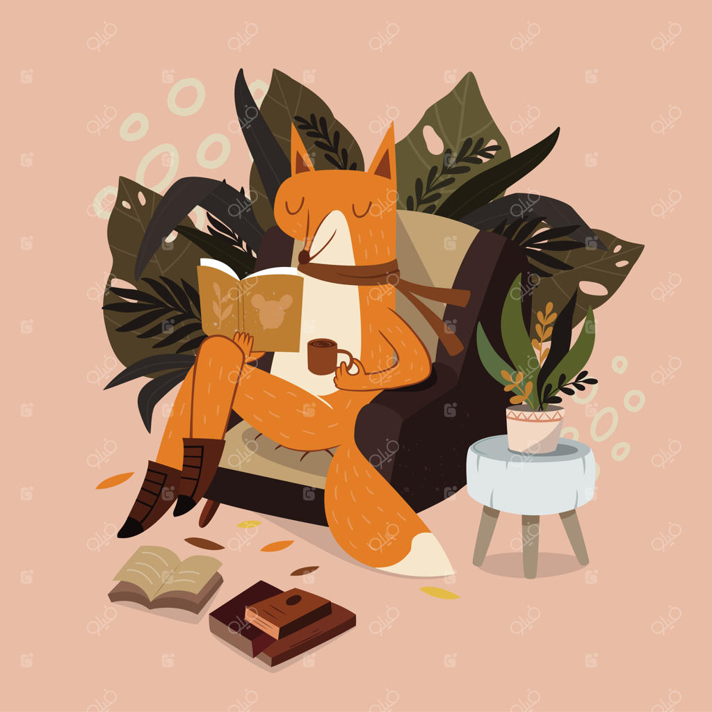 روباه بامزه در حال کتاب خواندن با یک فنجان قهوه