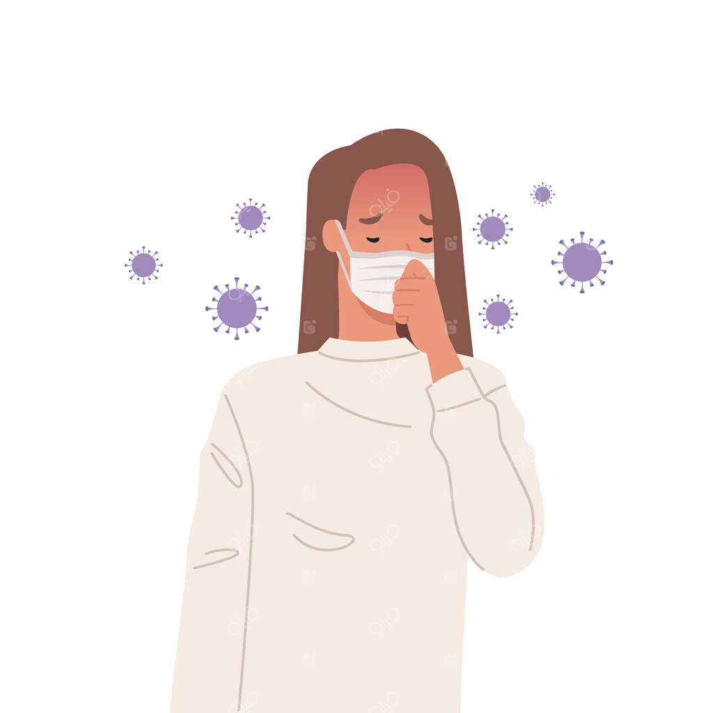 ویروس‌ها در هوا پخش می‌شوند: زنی با ماسک و در حال سرفه - طراحی در سبک تخت