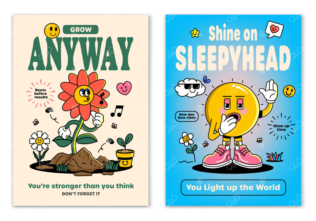 کارتون نوستالژیک با شخصیت‌های گل خندان و خورشید خواب‌آلود، محاصره‌شده با عناصر شاد و نوشته‌های انگیزشی: طراحی برای چاپ تی‌شرت یا پوستر