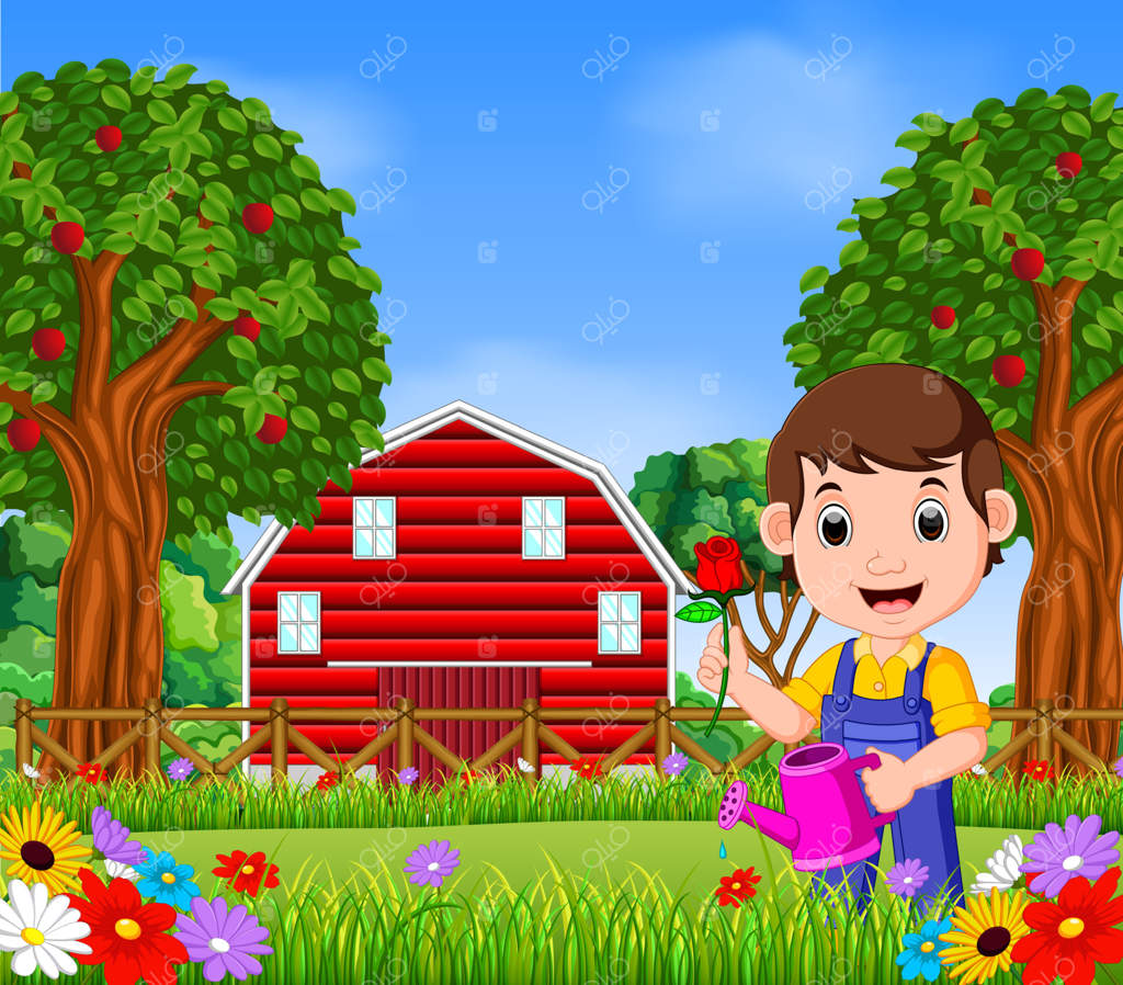 باغبان با گلی در دست و آبیاری‌کننده