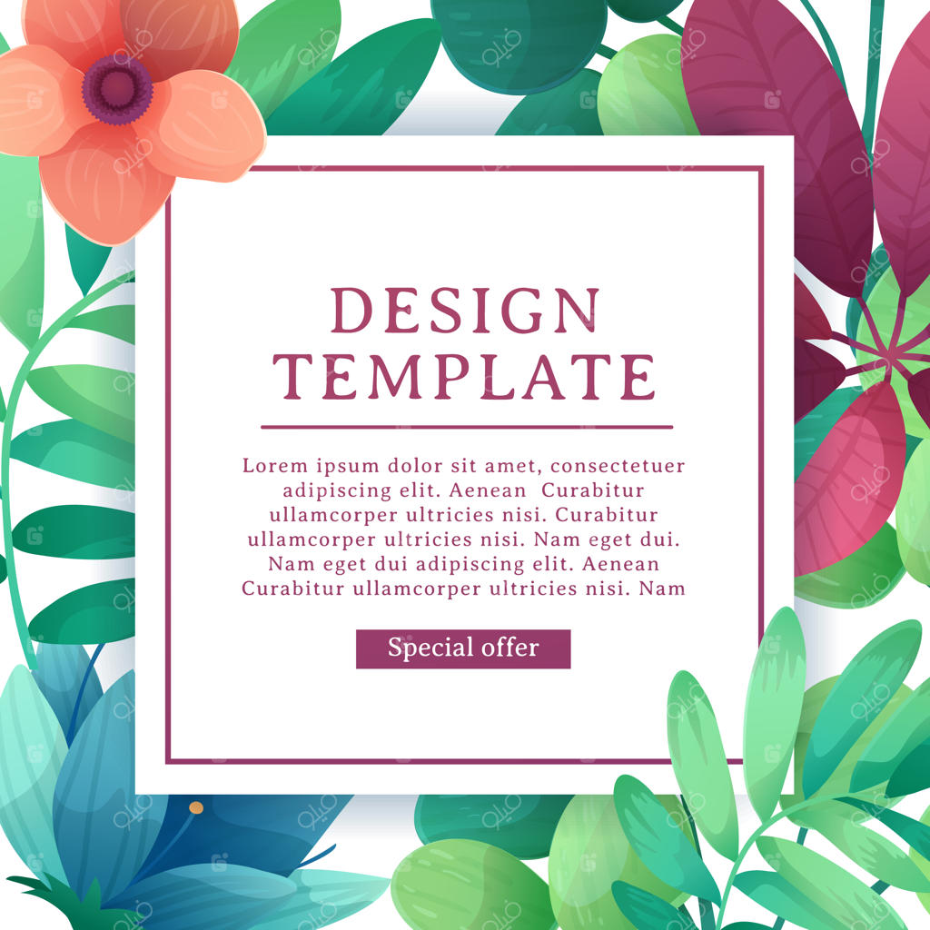 قالب طراحی بنر با تزیینات گل. قاب مربعی با دکوراسیون گل‌ها، برگ‌ها و شاخه‌ها.