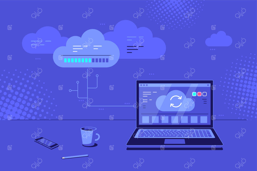 رایانش ابری: انتقال و ذخیره‌سازی داده‌ها روی سرور ابری. لپ‌تاپ با نماد آپلود ابری روی صفحه نمایش.