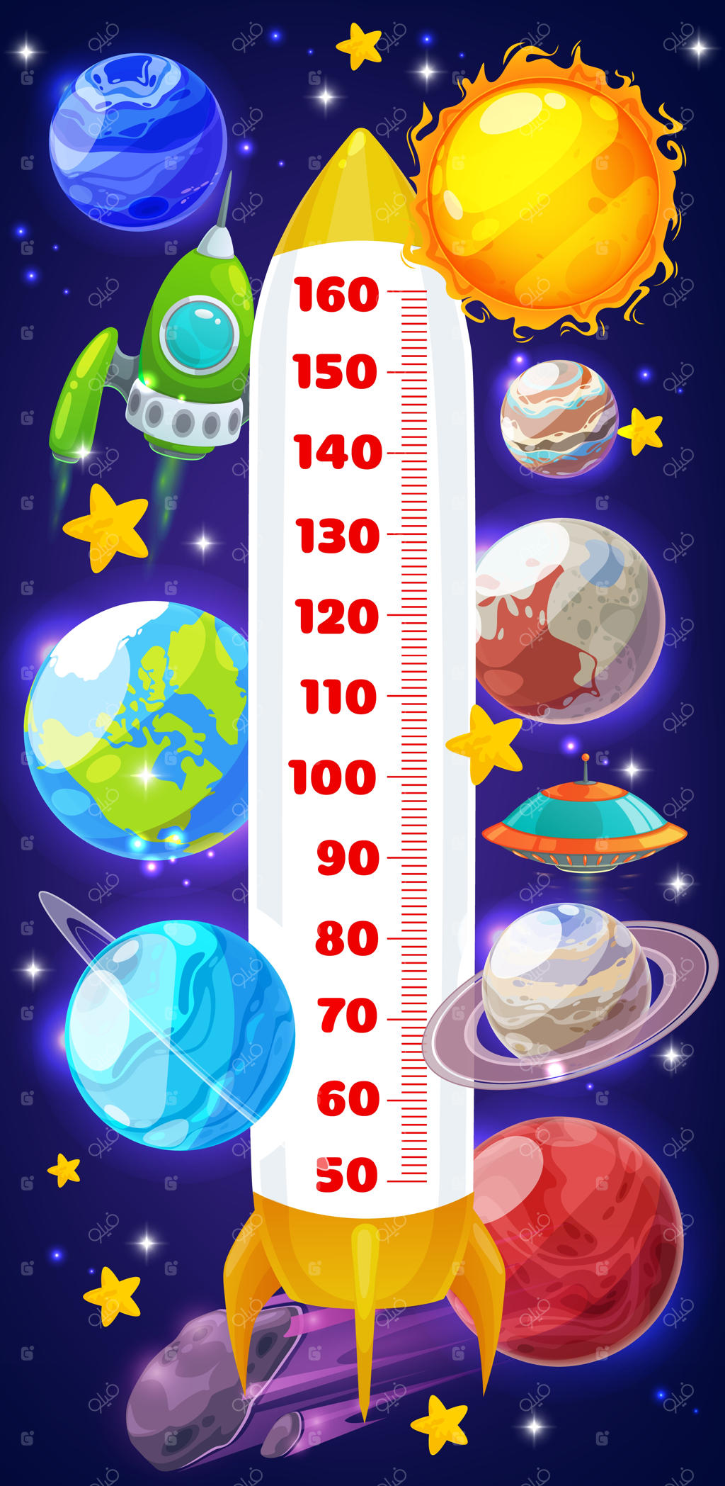 نمودار قد کودکان با سفینه‌ها و سیاره‌ها