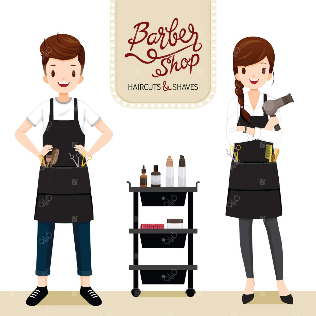 آرایشگر مرد و زن با تجهیزات آرایشگری در سالن زیبایی