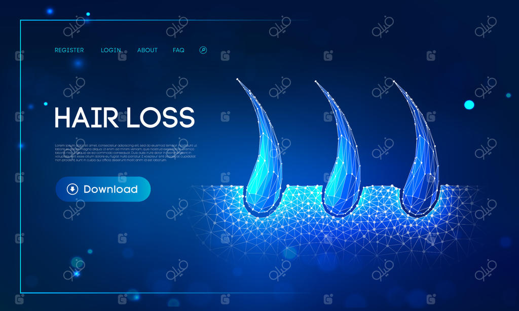 مفهوم دیجیتالی درمان ریزش مو با ساختار سیمی فولیکول درخشان روی پس‌زمینه آینده‌نگر آبی، بنر فناوری مراقبت، بازسازی پوست سر و ترمیم فولیکول‌ها