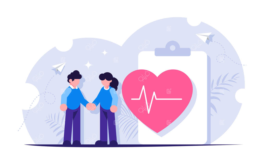 بیمه سلامت: افرادی کنار یک فرم پزشکی و قلبی بزرگ با نرخ ایستاده‌اند