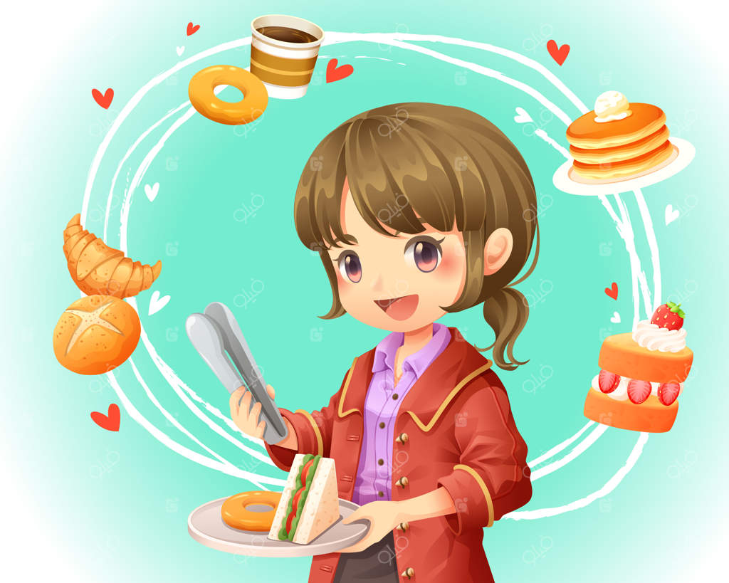 تصویر وکتور از دختر زیبایی که در نانوایی خرید می‌کند