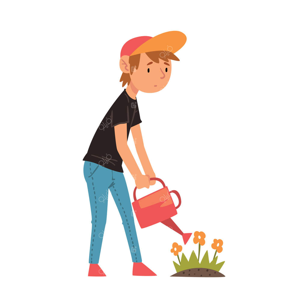 تصویر پسر بامزه‌ای که در باغچه گل‌ها را آبیاری می‌کند