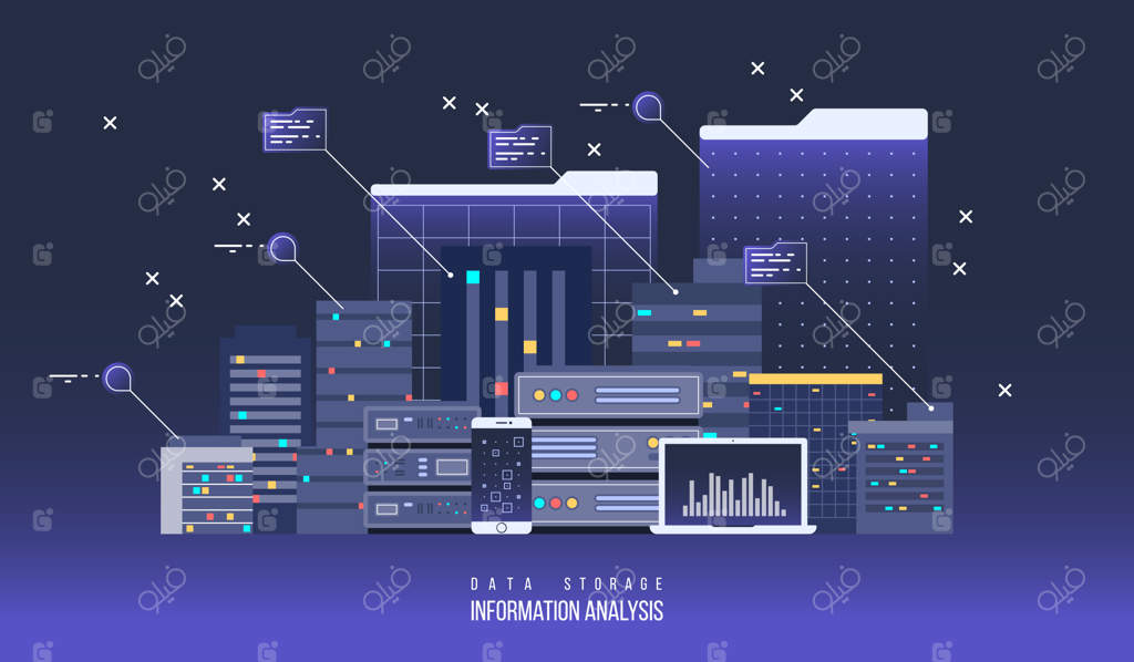 دیتا سنتر سرور، تصویر تخت. فناوری شبکه اینترنت و فضای ابری برای ذخیره‌سازی اطلاعات
