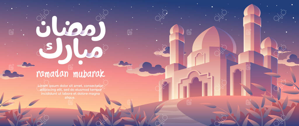 رمضان مبارک با بنر غروب خورشید در غروب