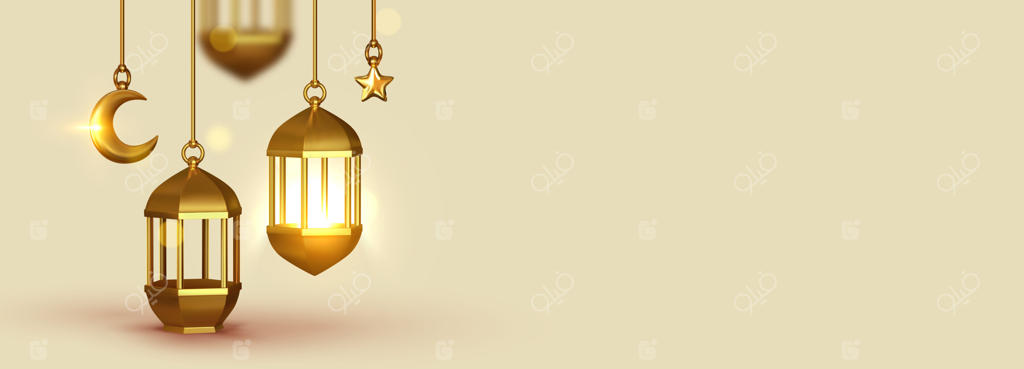 طراحی سه‌بعدی با زمینه بژ: چراغ قدیمی عربی به صورت آویز روشن است. نورافشانی، ستاره‌های طلایی روی روبان و ماه هلال طلایی. بنر افقی، قالب پوستر وب