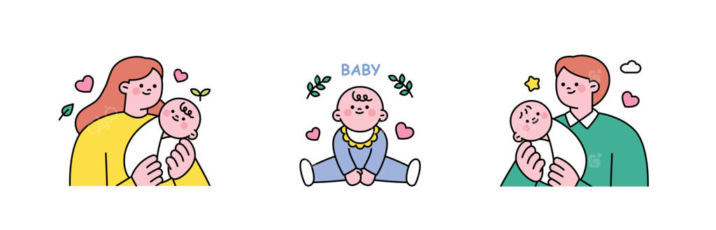 ماه خانواده. کسانی که قدردان والدینشان هستند و فرزندانشان را دوست دارند. مادری نوزاد را در آغوش دارد، پدری نوزاد را بغل کرده است، شخصیت‌های بامزه بچه‌ها.