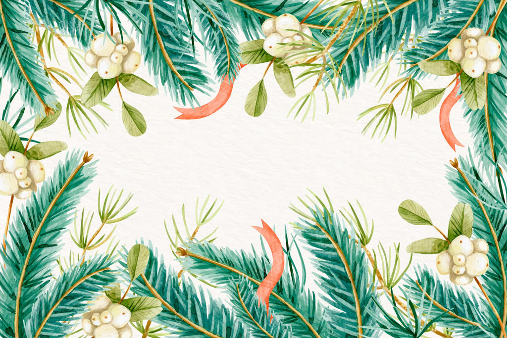 کاغذ دیواری شاخه‌های درخت کریسمس با نقاشی آبرنگ